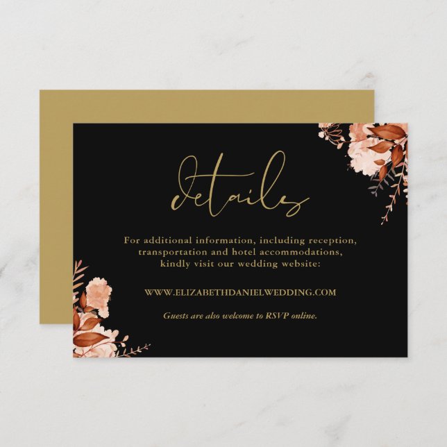 Rustic Floral Black And Gold Wedding Details Enclosure Card (Front/Back)