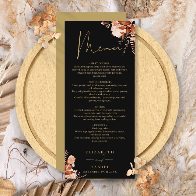 Rustic Floral Black And Gold Wedding Dinner Menu (Rustic Floral Black And Gold Wedding Dinner Menu)
