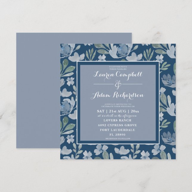 Rustic Floral Blue & Teal Floral Wedding  Invitati Invitation (Front/Back)