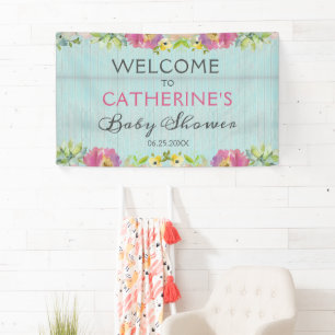 Rustic Floral Blue Wood Baby Shower Welcome  Banner