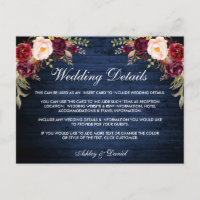 Rustic Floral Blue Wood Wedding Details Card