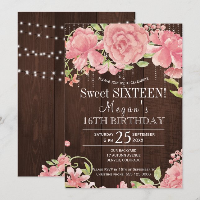Rustic floral blush peonies barnwood sweet sixteen invitation (Front/Back)