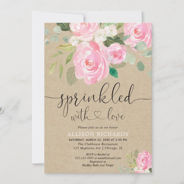 Rustic floral blush pink girl baby sprinkle invitation (Front)