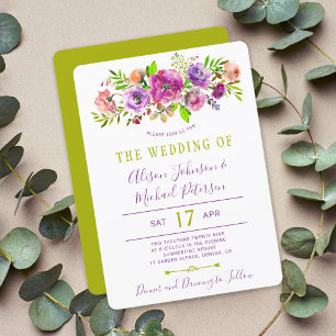 Rustic floral bohemian purple green wedding invitation