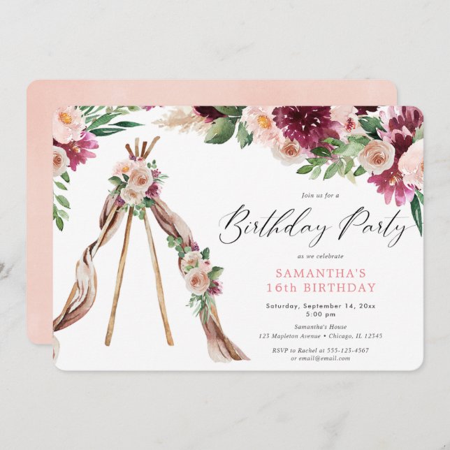 Rustic floral boho bohemian teepee birthday party invitation (Front/Back)