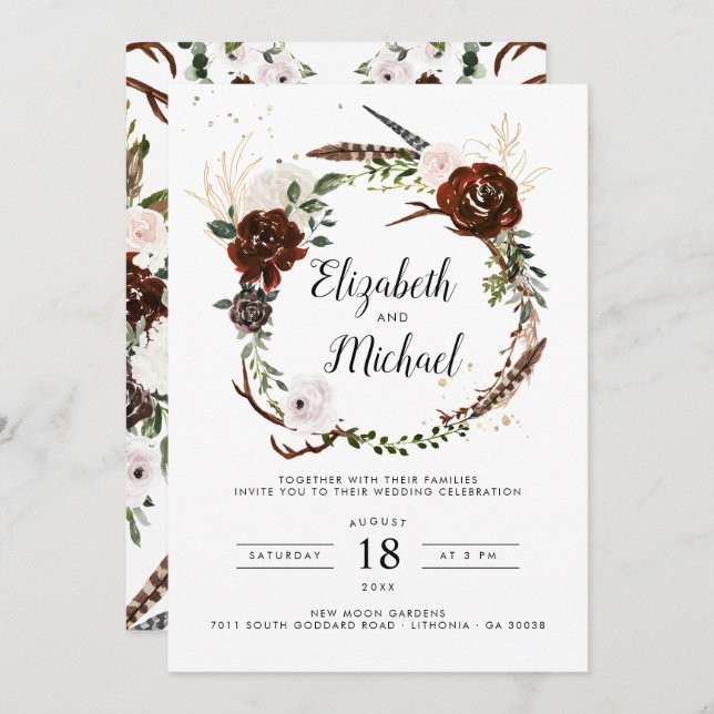 Rustic Floral | Boho Botanical Wedding Invitation (Front/Back)