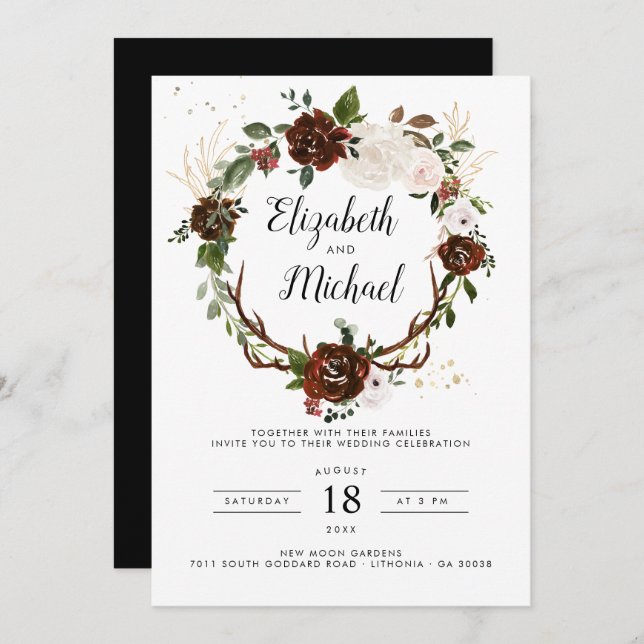 Rustic Floral | Boho Botanical Wedding Invitation (Front/Back)