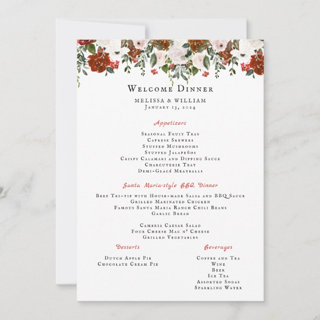 Rustic Floral | Boho Botanical Wedding Menu  Invitation (Front)