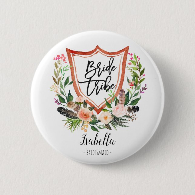 Rustic floral boho floral bride tribe/bridesmaid 6 cm round badge (Front)