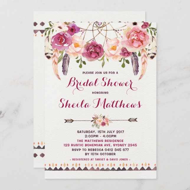 Rustic Floral Boho Invitation Bridal Shower Invite (Front/Back)