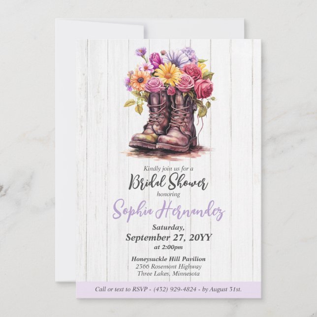 Rustic Floral Boots Barn Wood Farm Bridal Shower Invitation (Front)