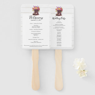 Rustic Floral Boots & Barn Wood Wedding Program Hand Fan