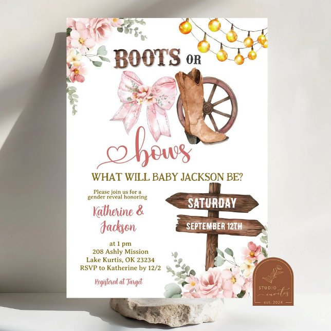 Rustic Floral Boots or Bows Gender Reveal Invitation (Creator Uploaded)