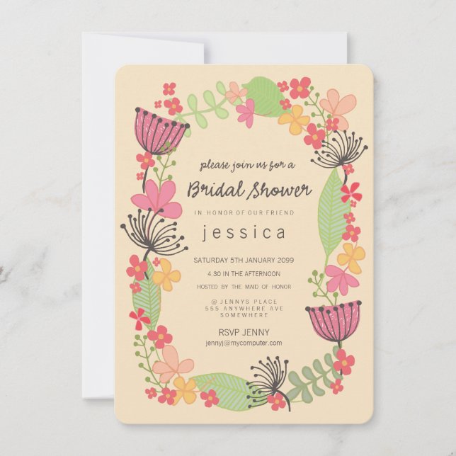 Rustic Floral Border Bridal Shower Party Invitation (Front)