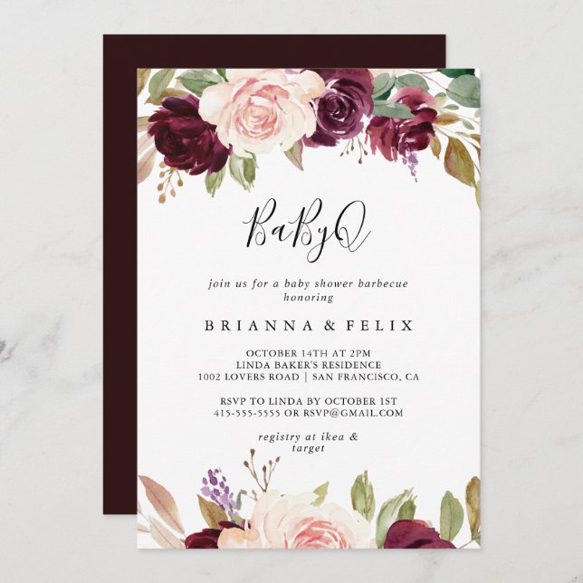 Rustic Floral Botanical BabyQ Baby Shower Barbecue Invitation (Front/Back)