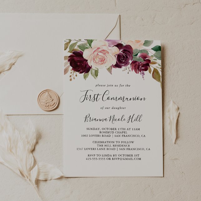 Rustic Floral Botanical Foliage First Communion Invitation (Creator Uploaded)