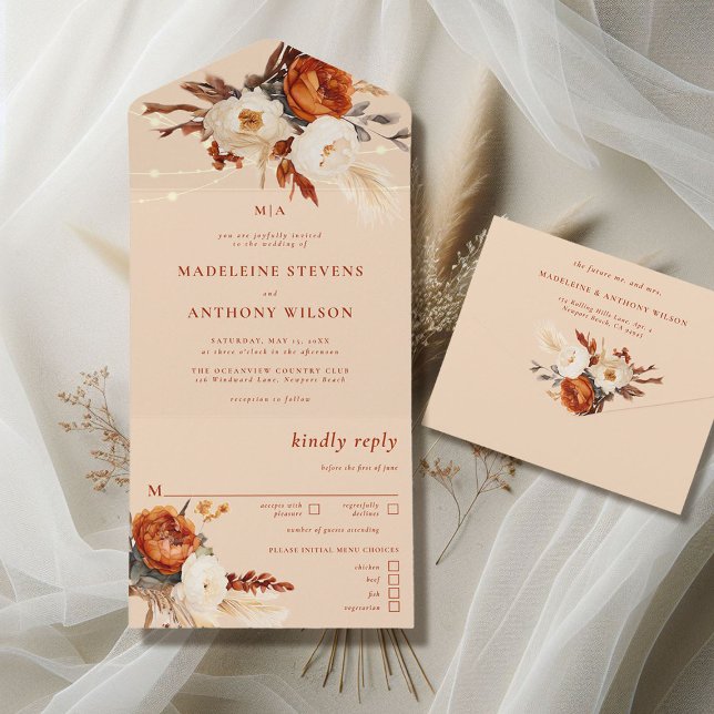 Rustic Floral Botanical Pampas Fall Boho Wedding All In One Invitation (rustic barn wedding invitation all in one burnt orange boho floral botanical rust terracotta cream)