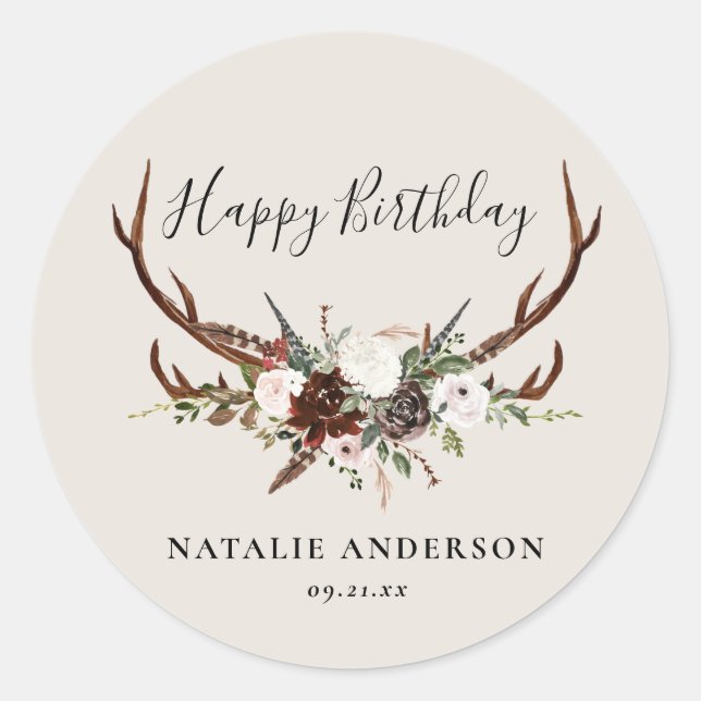 rustic floral botanical personalised birthday classic round sticker (Front)