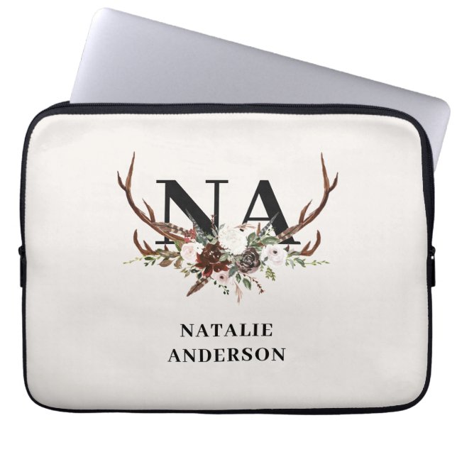 rustic floral botanical personalised fall monogram laptop sleeve (Front)