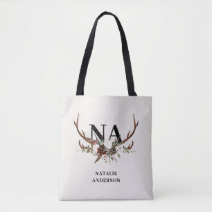 rustic floral botanical personalised fall monogram tote bag