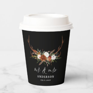 rustic floral botanical personalised stag wedding paper cups