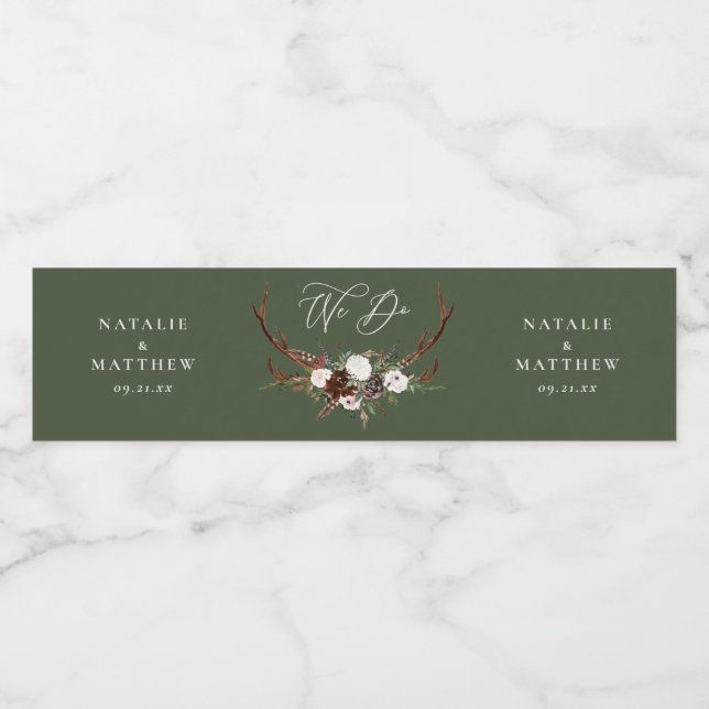 rustic floral botanical we do green wedding water bottle label (Single Label)