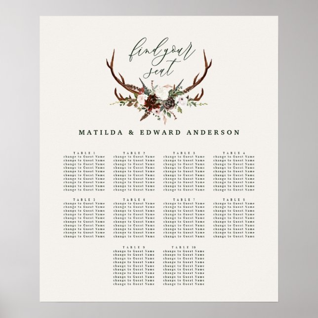 Rustic floral botanical wedding seating plan poster (Front)