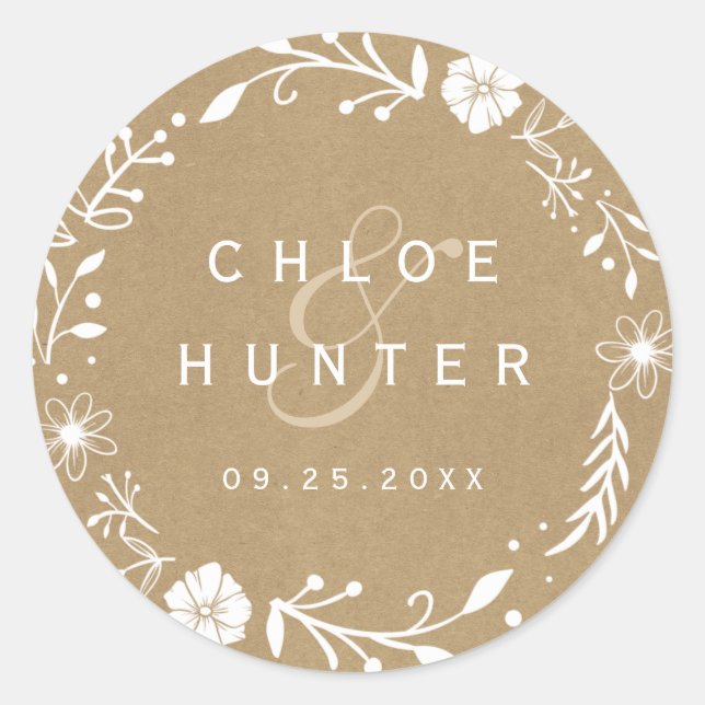 Rustic Floral Botanical Wreath Faux Kraft Wedding Classic Round Sticker (Front)