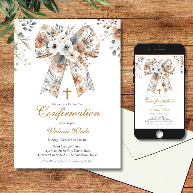 Rustic Floral Bow Girls Confirmation Invitation (Creator Uploaded)