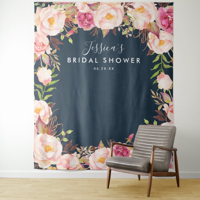Rustic Floral Bridal Shower Backdrop Tapestry (In Situ)