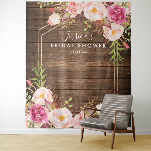 Rustic Floral Bridal Shower Backdrop Tapestry (In Situ)