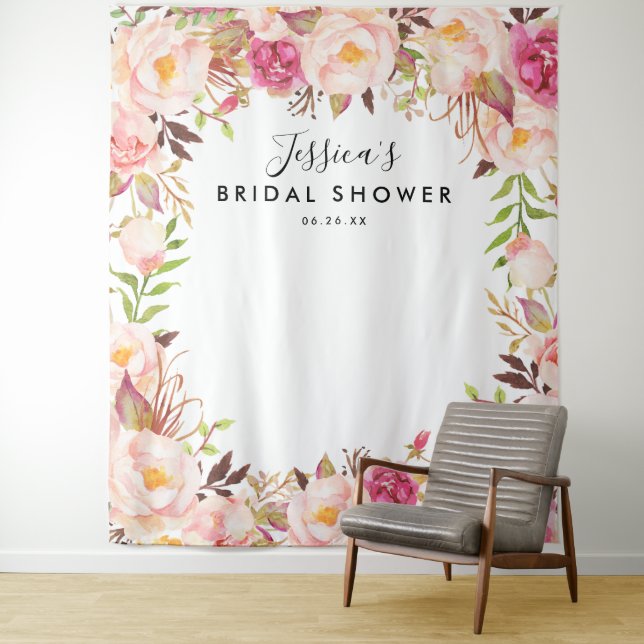 Rustic Floral Bridal Shower Backdrop Tapestry (In Situ)
