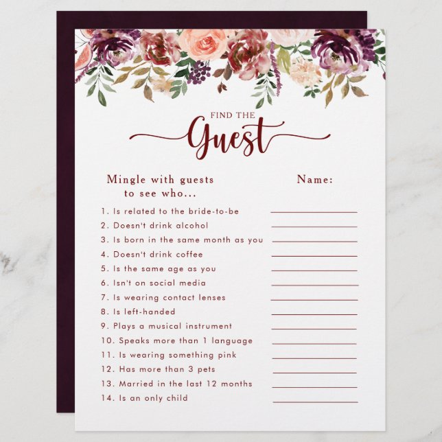 Rustic Floral Bridal Shower Find the Guest Game (Front/Back)
