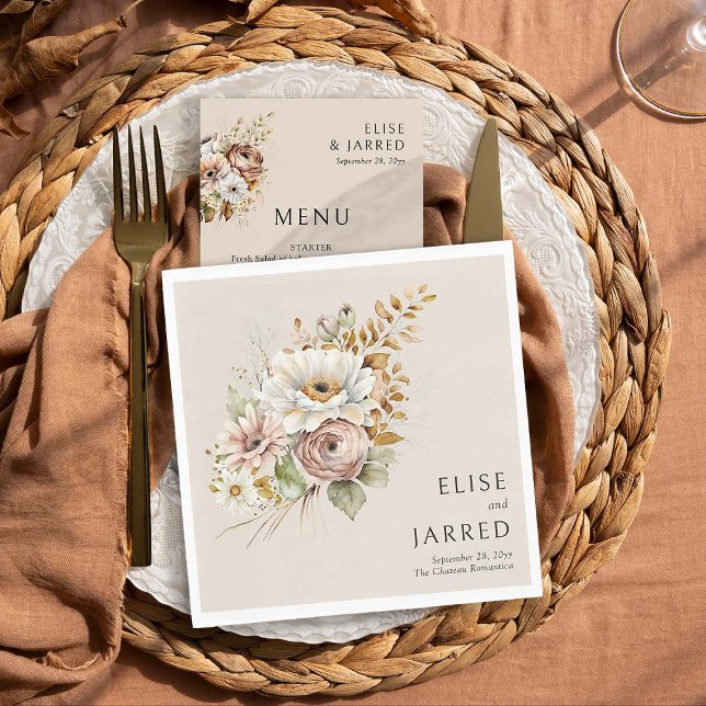 Rustic Floral Brown Neutral Personalised Wedding Napkin (Wedding napkins from Rustic Floral Brown Neutral Wedding Collection by Darling & May)