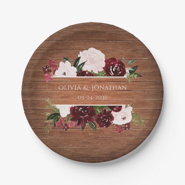 Rustic Floral Burgundy and Blush Wedding  Paper Plate (Front)