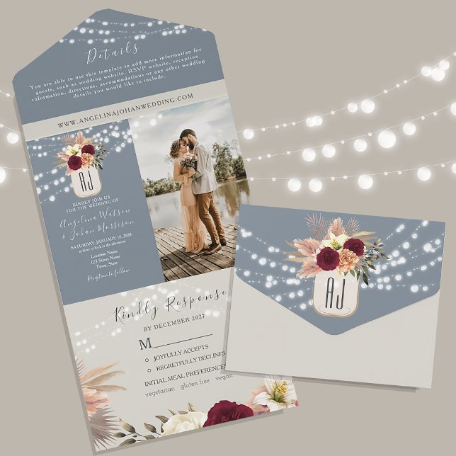 Rustic Floral Burgundy and Dusty Blue Wedding All In One Invitation (Creator Uploaded)