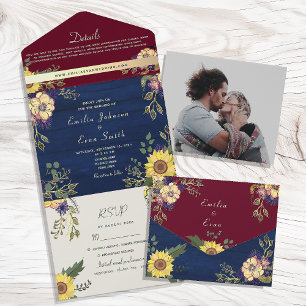 Rustic Floral Burgundy and Navy Blue Wedding All In One Invitation