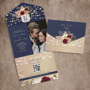 Rustic Floral Burgundy and Navy Blue Wedding All In One Invitation