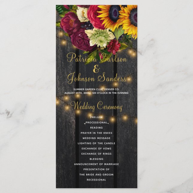 Rustic floral burgundy barn wood wedding program programme (Front)