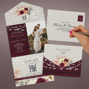 Rustic Floral Burgundy Fall Wedding  All In One Invitation