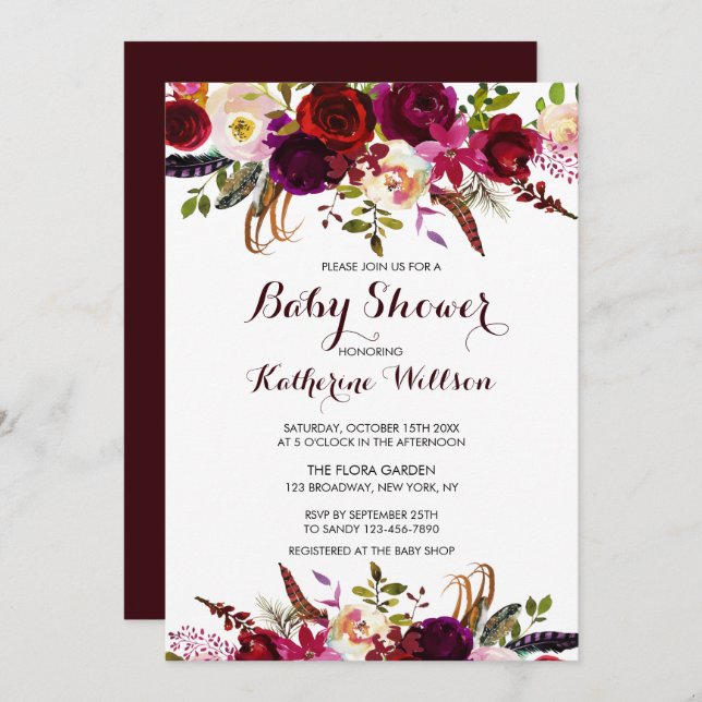 Rustic Floral Burgundy Marsala Baby Shower Invitation (Front/Back)