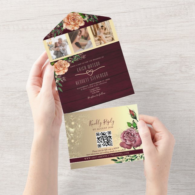 Rustic Floral Burgundy Photos Wedding All In One Invitation (Tearaway)