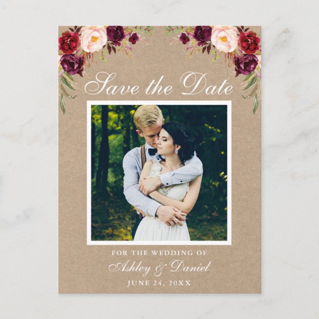 Rustic Floral Burgundy Save the Date Photo Kraft Announcement Postcard (Front)