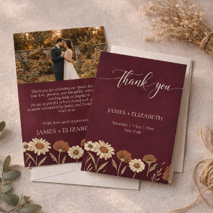 Rustic Floral Burgundy Wedding Thank You Card