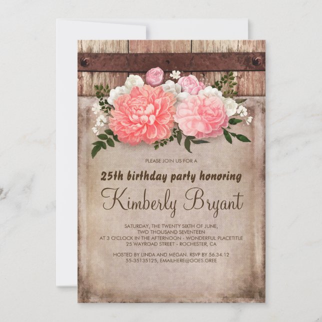 Rustic Floral Burlap Barn Wood Birthday Party Invitation (Front)