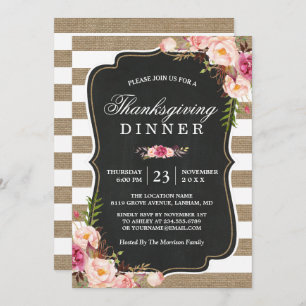 Rustic Floral Burlap Stripes Thanksgiving Dinner Invitation