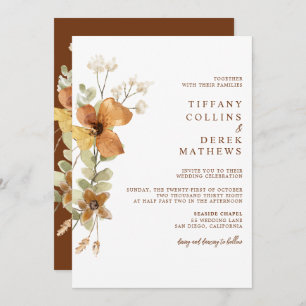 Rustic Floral Burnt Orange Fall Wedding Invitation