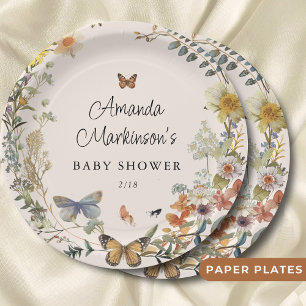 Rustic Floral Butterfly Gender Neutral Baby Shower Paper Plate