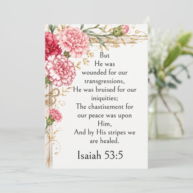 Rustic Floral Carnations, Isaiah 53:5 Bible Verse, Invitation (Standing Front)