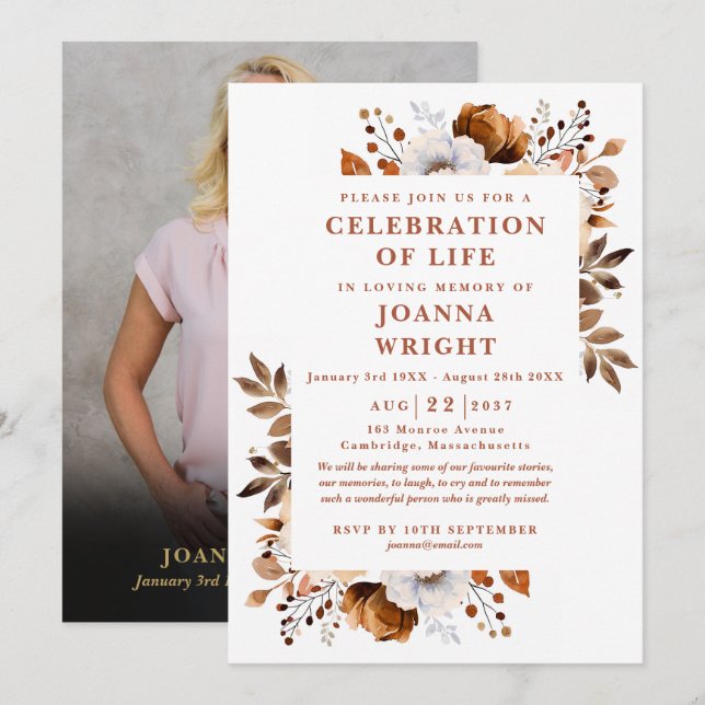 Rustic Floral Celebration Of Life Funeral Photo Invitation (Front/Back)